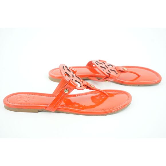 New Tory Burch Miller Poppy Red Patent Thong Sandals SZ 7.5 $275 Logo - Picture 6 of 11